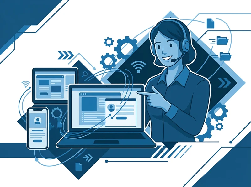 Illustration: eine Support-Mitarbeiterin mit Headset zeigt auf Bildschirme mit geöffneten Fenstern, verbunden durch Linien und Zahnräder