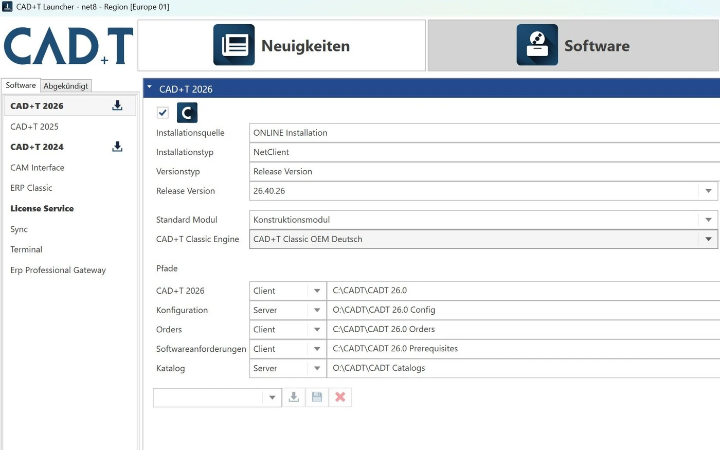 Der CAD+T Launcher: links die Liste der Versionen, rechts Installationsquelle, Release-Version und Pfade