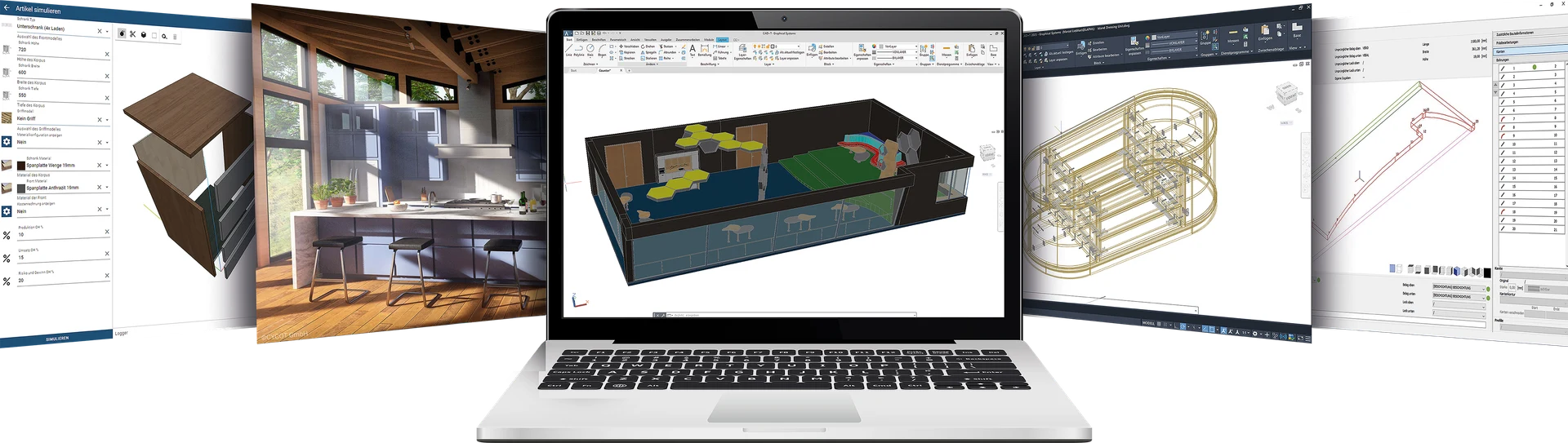 Die CAD+T Software auf einem Laptop: Konfigurator, Visualize, Design, Engineer und CNC